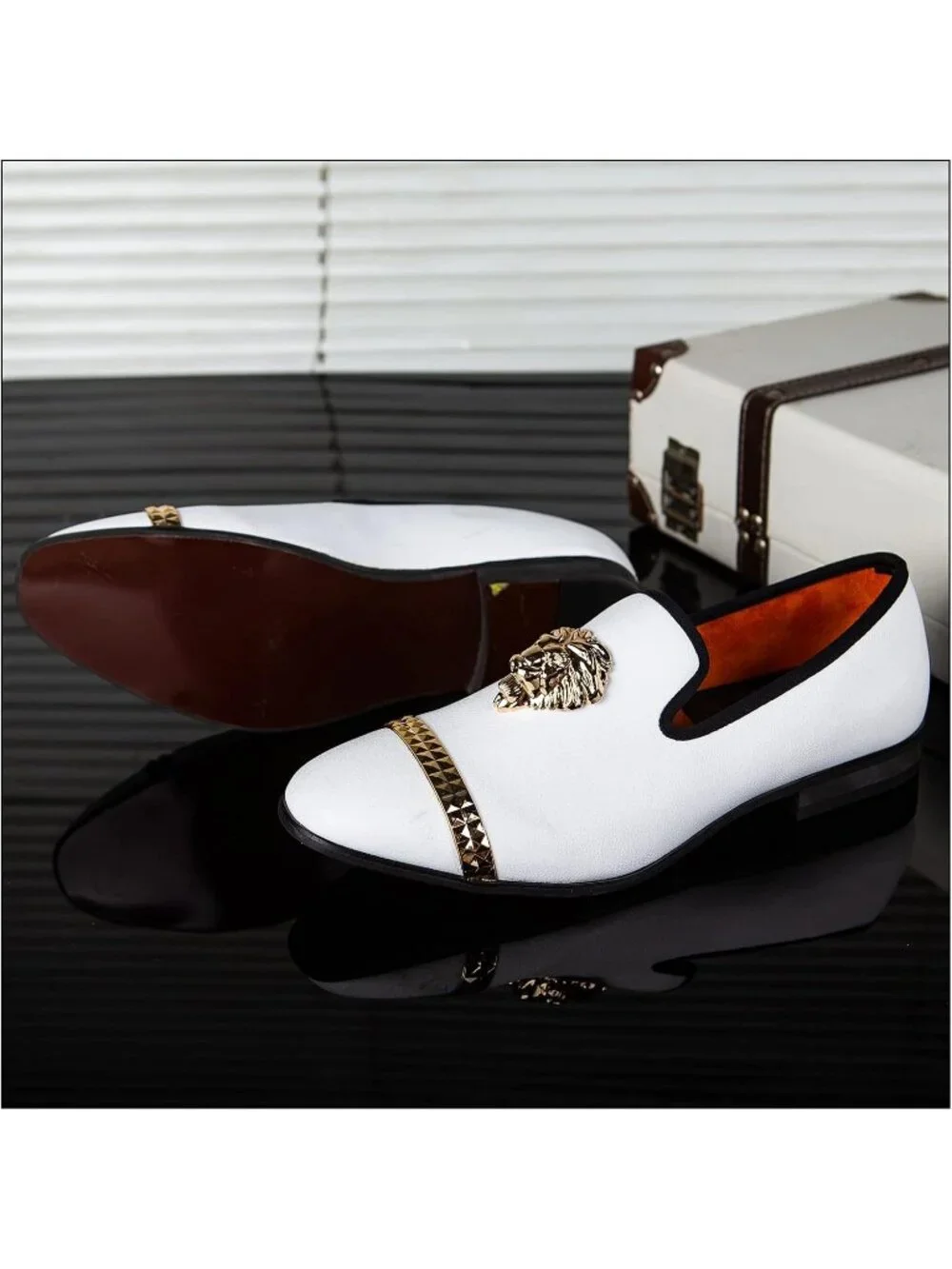 JITAI Men's White20 Rubber Loafer Metal Lion Head Buckle Comfortable Party Shoes